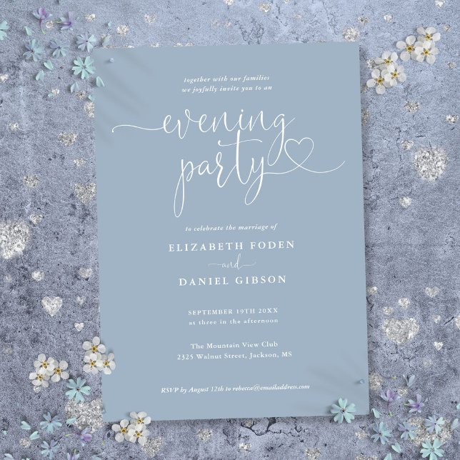 Invitation Dusty Blue Heart Script Mariage Soirée (Dusty Blue Heart Script Wedding Evening Party Invitation)