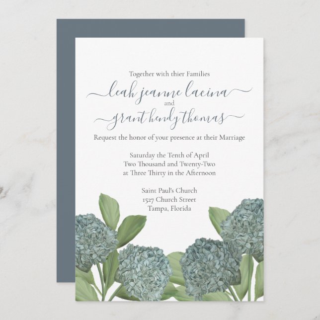 Invitation Dusty Blue Hydrangea Élégant Mariage Floral été (Devant / Derrière)