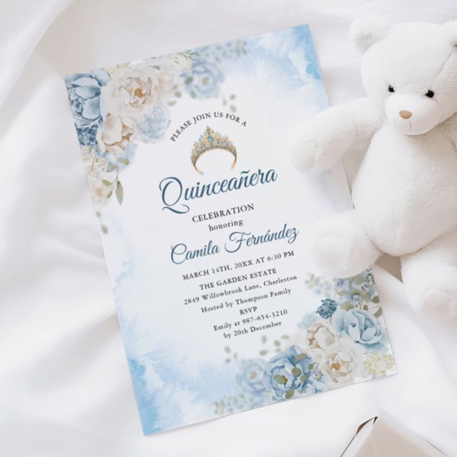 Invitation Dusty Blue Ivory Fleurs Roses Quinceanera Annivers (Créateur téléchargé)