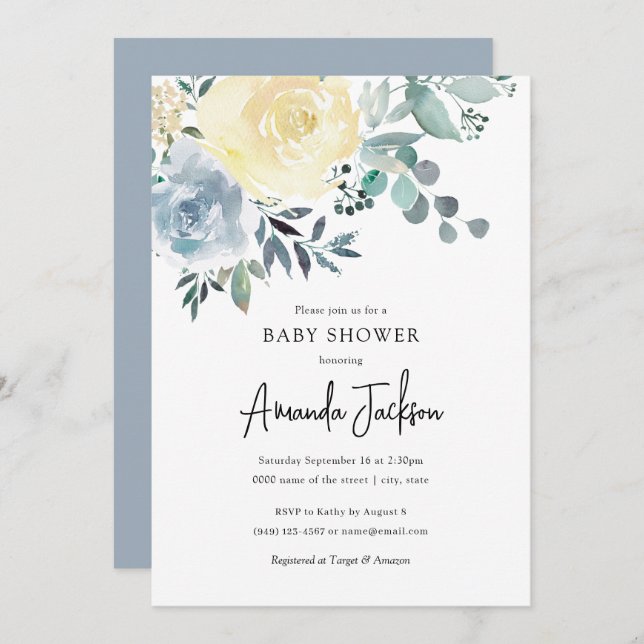Invitation Dusty Blue Ivory Floral Greenery Baby shower garço (Devant / Derrière)