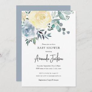 Invitation Dusty Blue Ivory Floral Greenery Baby shower garço