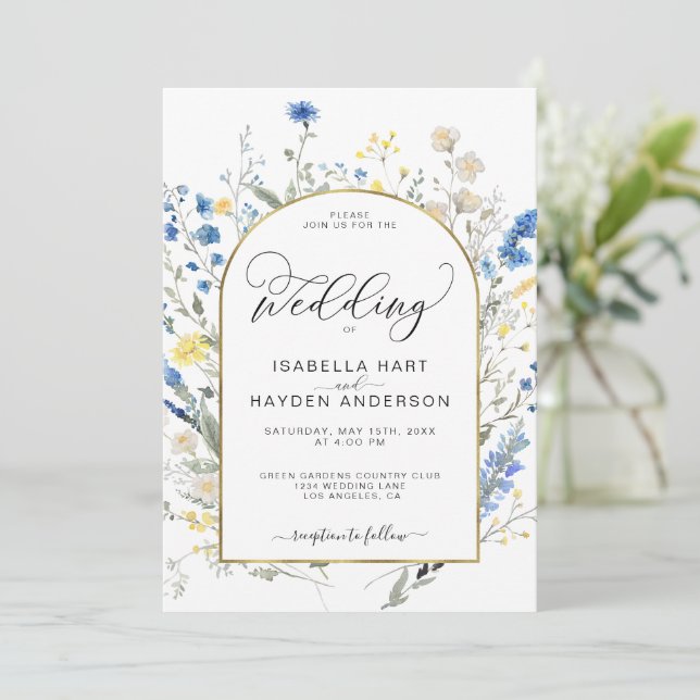 Invitation Dusty Blue Jellow Dainty Mariage botanique floral (Debout devant)