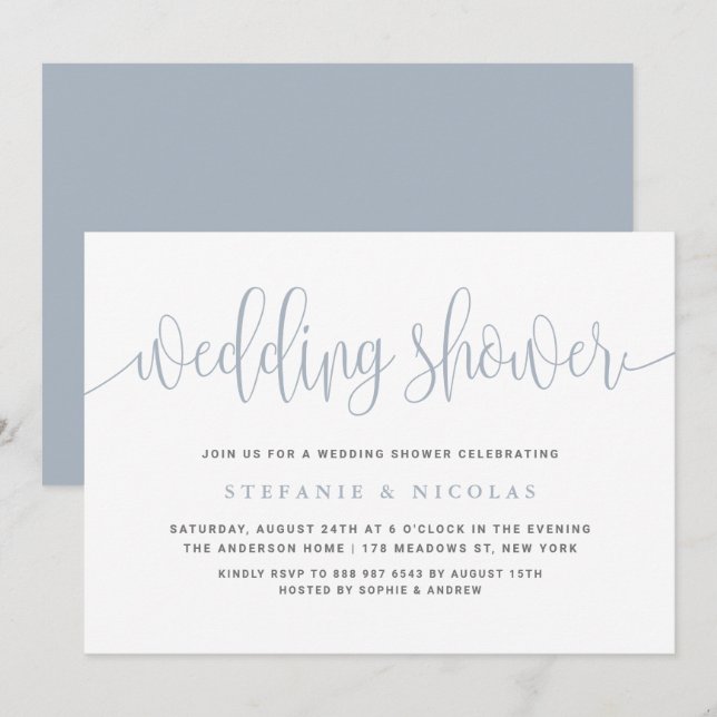 Invitation Dusty Blue Joli Wedding shower de calligraphie (Devant / Derrière)