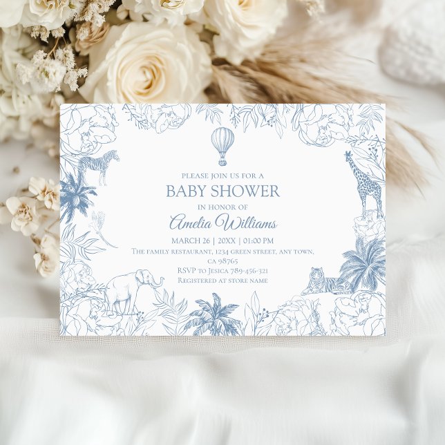 Invitation Dusty Blue Jungle Safari Animals Baby Shower (Créateur téléchargé)