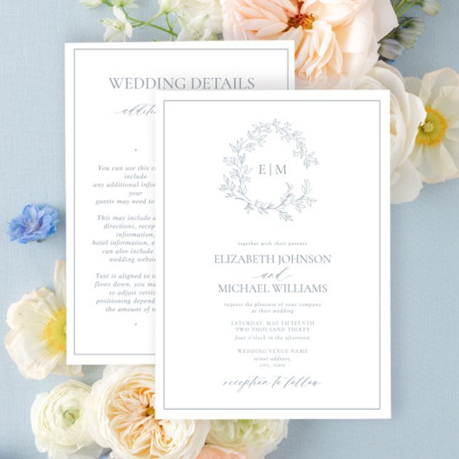 Invitation Dusty Blue Leafy Crest Monogramme Détails Mariage (Créateur téléchargé)