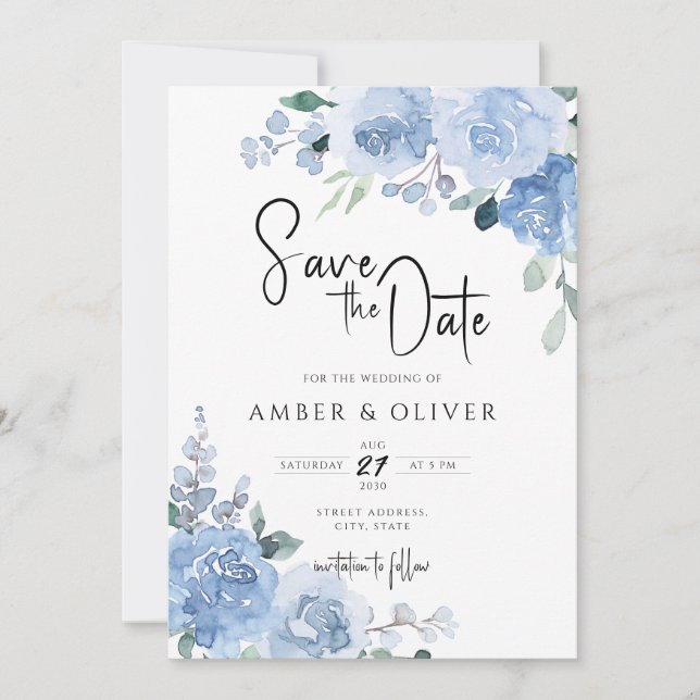 Invitation Dusty Blue Light Blue Floral Feuilles Enregistrer  (Devant)