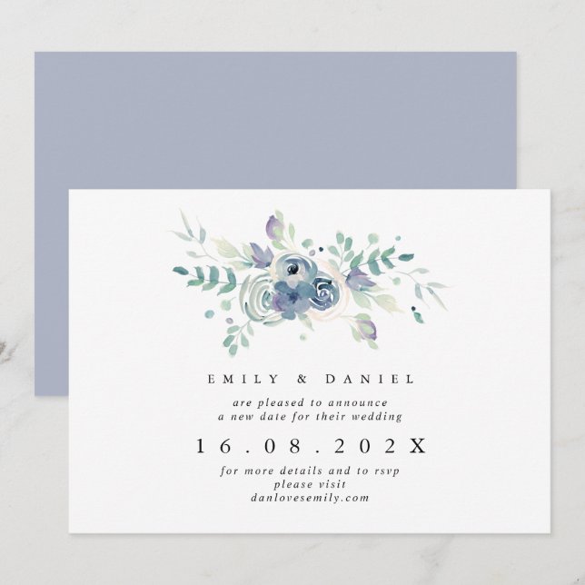 Invitation Dusty Blue & Lilac Floral Nouveau Mariage Date (Devant / Derrière)