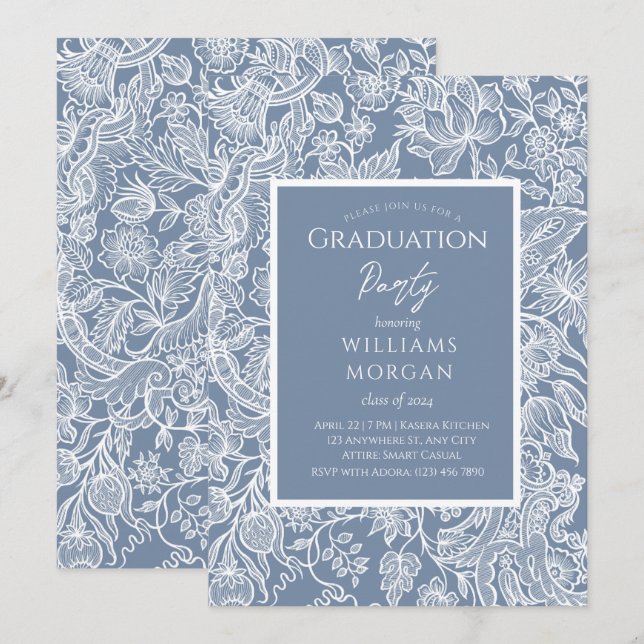 Invitation Dusty Blue Line Art Fleur sauvage Floral (Devant / Derrière)