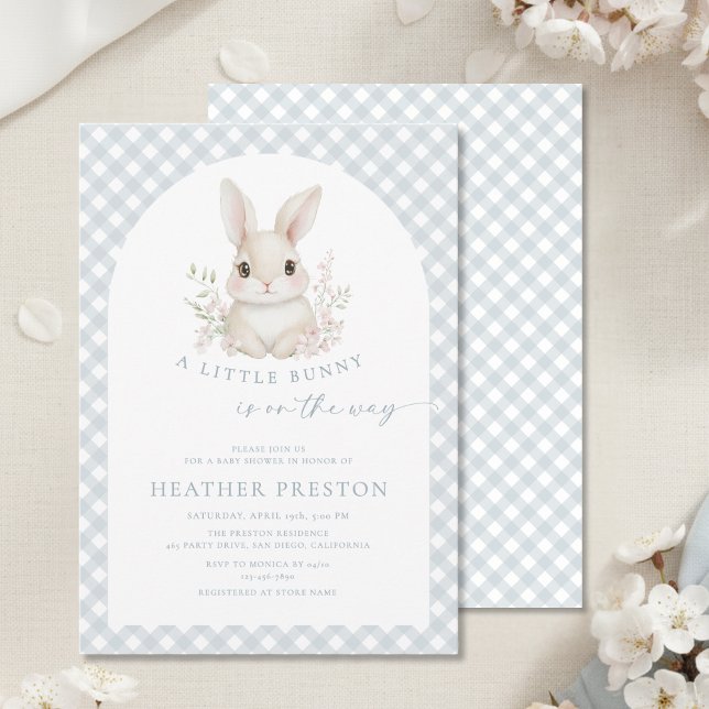 Invitation Dusty Blue Little Bunny Gingham Arch Baby Shower (Créateur téléchargé)