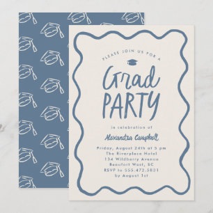 Invitation Dusty Blue Main tiré Squiggle Graduation Party