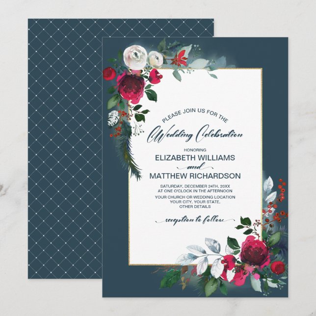 Invitation Dusty Blue | Mariage d'hiver en flamme rouge de Bo (Devant / Derrière)