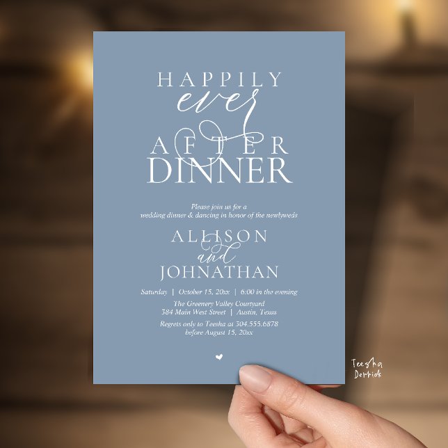 Invitation Dusty Blue Mariage Dîner Happily Ever After (Dusty Blue Happily Ever After Dinner Modern Script Wedding Invitation Card)