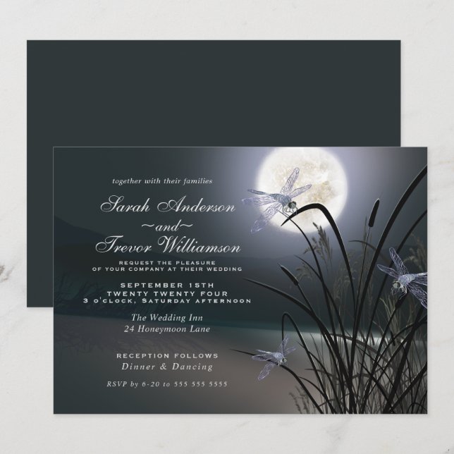 Invitation Dusty Blue Mariage Pleine lune dragonfly Pond (Devant / Derrière)