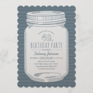 Invitation Dusty Blue Mason Jar Rustic 40e fête d'anniversair