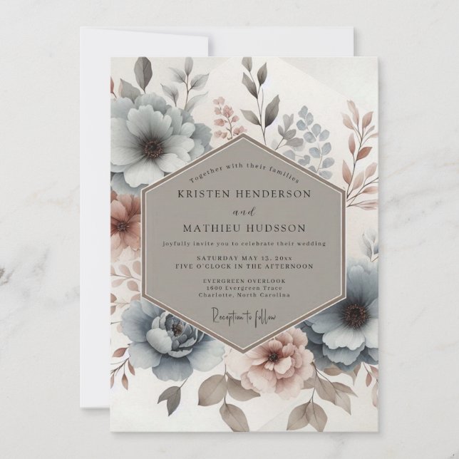 Invitation Dusty Blue Mauve Bloom Wedding (Devant)