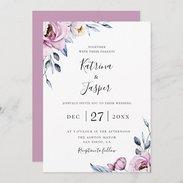 Invitation Dusty Blue Mauve Floral Mariage (Devant / Derrière)
