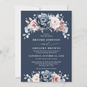 Invitation Dusty Blue Mauve Rose rose ardoise Florale Mariage
