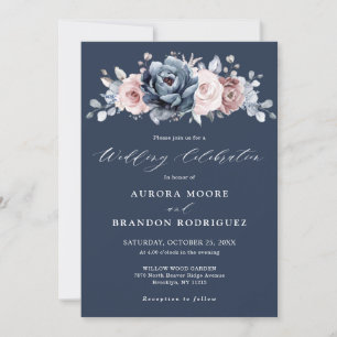 Invitation Dusty Blue Mauve Rose rose ardoise Florale Mariage