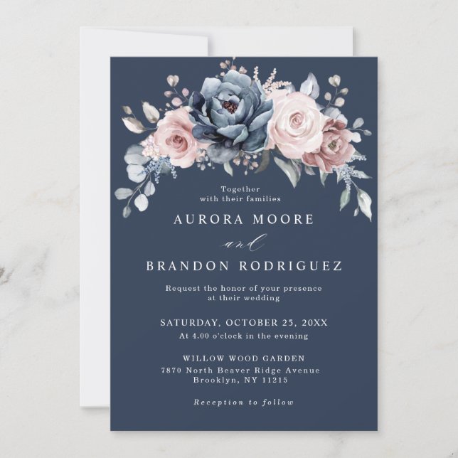 Invitation Dusty Blue Mauve Rose rose ardoise Mariage floral  (Devant)