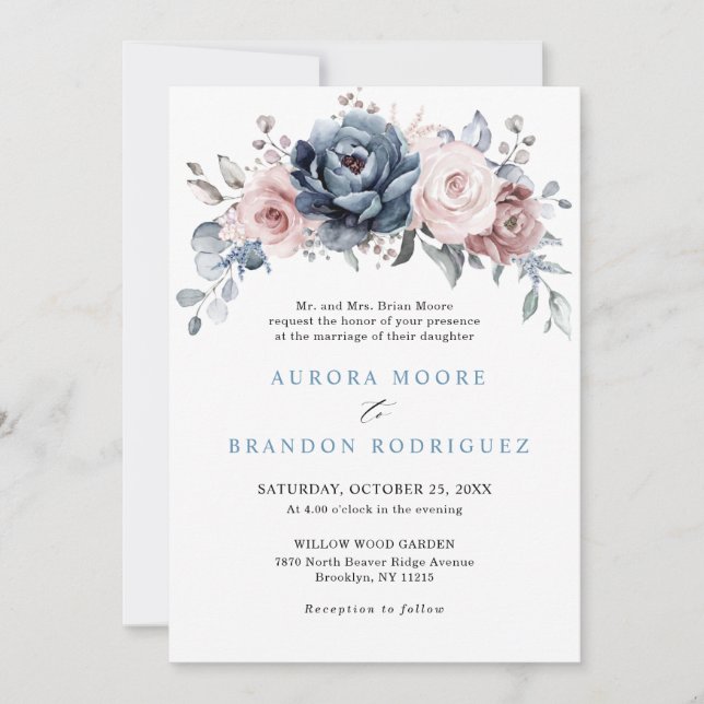 Invitation Dusty Blue Mauve Rose rose ardoise Mariage floral  (Devant)