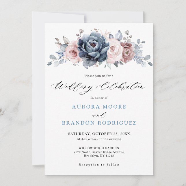 Invitation Dusty Blue Mauve Rose rose ardoise Mariage floral (Devant)