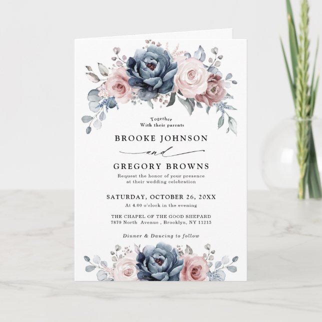 Invitation Dusty Blue Mauve Rose rose ardoise Mariage floral (Devant)