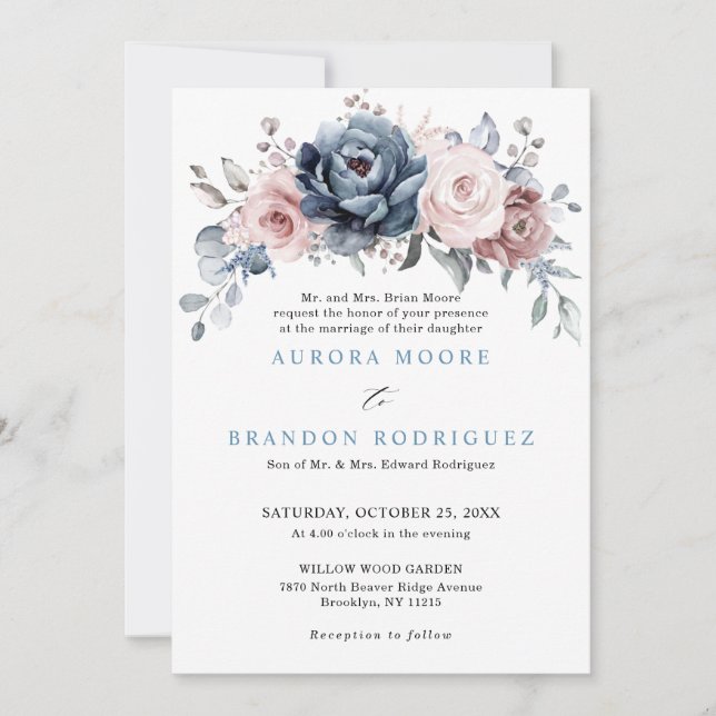 Invitation Dusty Blue Mauve Rose rose ardoise Mariage floral  (Devant)