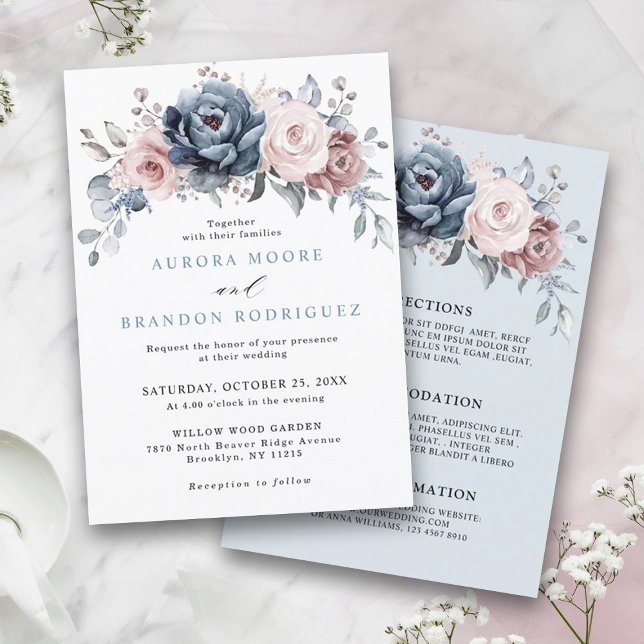 Invitation Dusty Blue Mauve Rose rose ardoise Mariage floral (Dusty blue mauve rose pink floral wedding invitation with details on back)