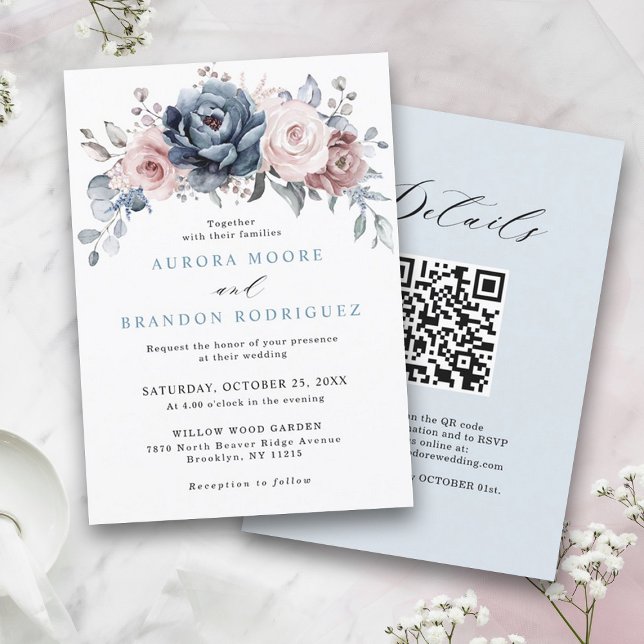 Invitation Dusty Blue Mauve Rose rose ardoise Mariage floral (Dusty blue mauve rose pink slate wedding invitation with QR code details on back)