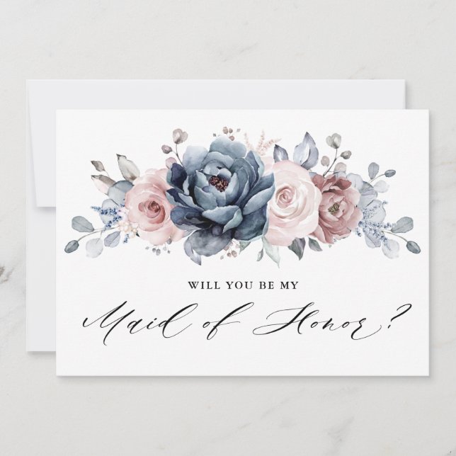 Invitation Dusty Blue Mauve Rose Serez-vous ma servante d'hon (Devant)