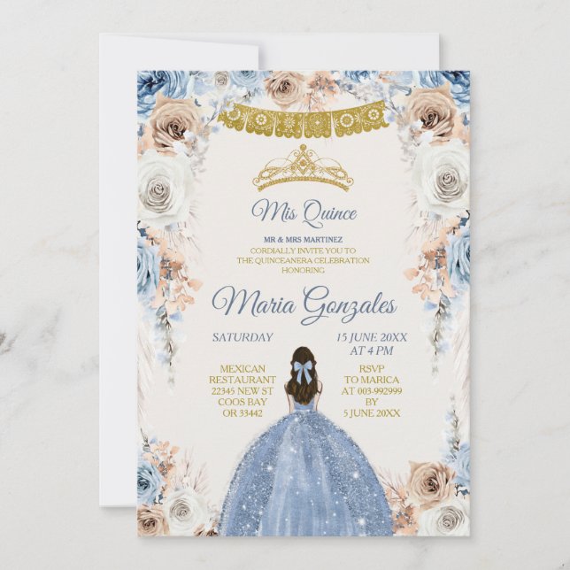 Invitation Dusty Blue Mexcian Girl Floral Sweet 16e anniversa (Devant)