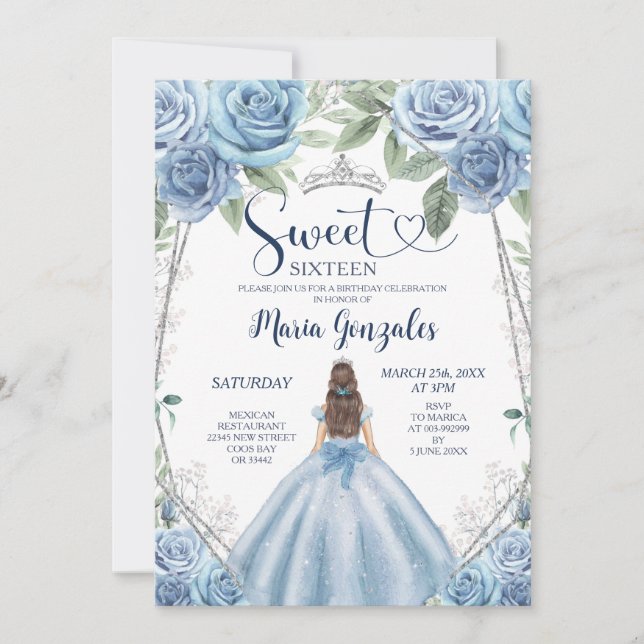 Invitation Dusty Blue Mexicaine fille princesse Sweet sixteen (Devant)