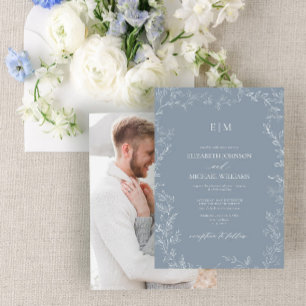 Invitation Dusty Blue Minimal Leaf Mariage photo Monogramme