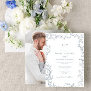 Invitation Dusty Blue Minimal Leaf Mariage photo Monogramme