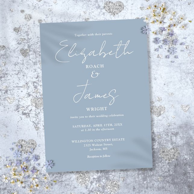 Invitation Dusty Blue Minimalist Élégant Mariage de script (Dusty Blue Minimalist Elegant Script Wedding Invitation)
