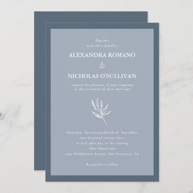 Invitation Dusty Blue Minimalist Floral Mariage (Devant / Derrière)