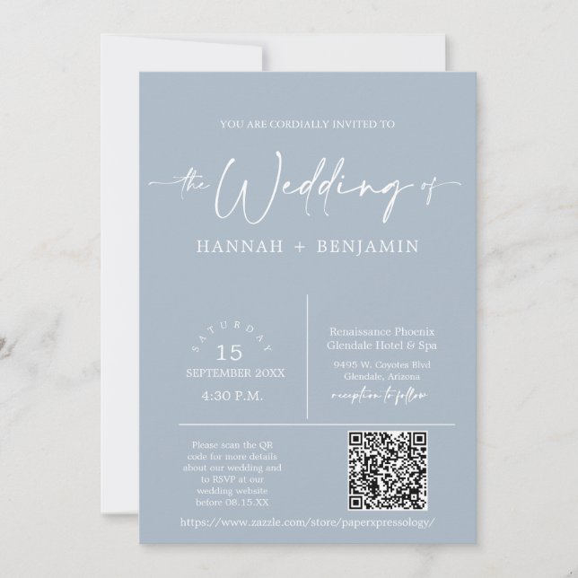 Invitation Dusty Blue Minimalist Mariage Arch QR Code Photo (Devant)