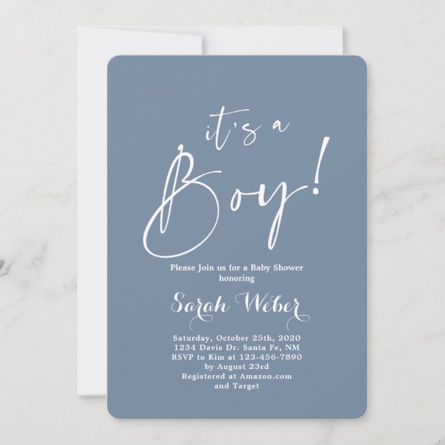 Invitation Dusty Blue minimaliste baby shower moderne garçon (Devant)