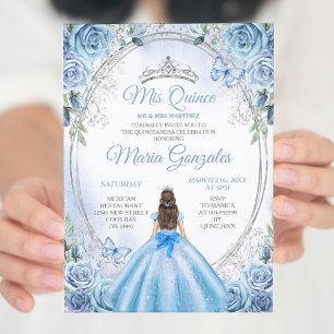 Invitation Dusty Blue Mis Quince Silver Floral Quinceañera