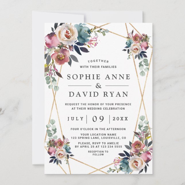 Invitation Dusty Blue Misty Rose Floral Mariage or (Devant)