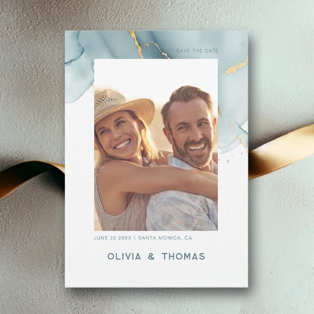 Invitation Dusty Blue Modern Beach Mariage Photo Enregistrer  (dusty blue photo save the date gold beach waves elegant bohemian modern romantic summer all seasons)