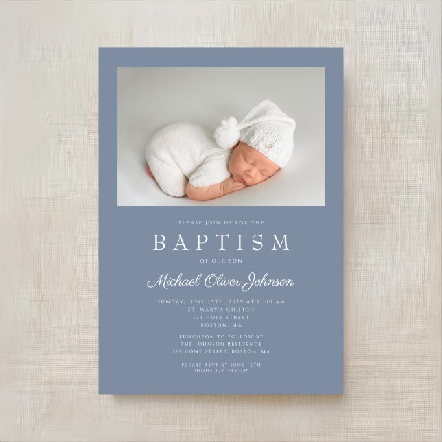 Invitation Dusty Blue Modern Boy Photo Baptême (Dusty Blue Modern Boy Photo Baptism Invitation)