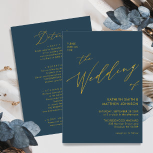 Invitation Dusty Blue Modern Gold Script Tout en un Mariage