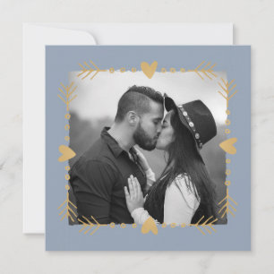 Invitation Dusty Blue Modern Photo Gold Hearts Mariage