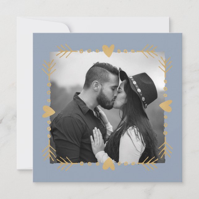 Invitation Dusty Blue Modern Photo Gold Hearts Mariage (Devant)