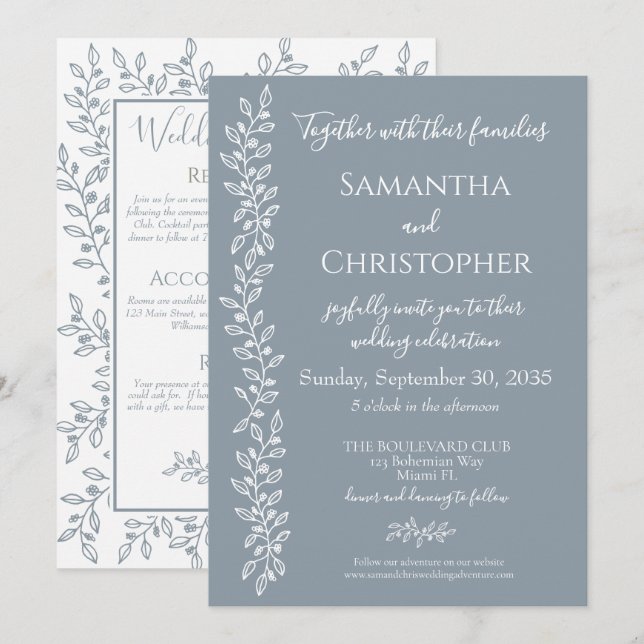 Invitation Dusty Blue Moderne Boho Botanical Minimal Mariage (Devant / Derrière)