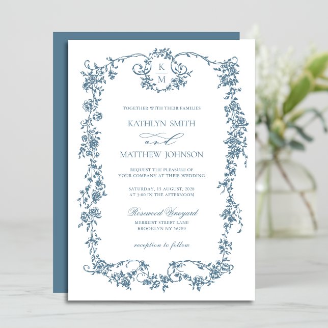Invitation Dusty Blue Monogram Elegant Vintage Frame Mariage (Créateur téléchargé)