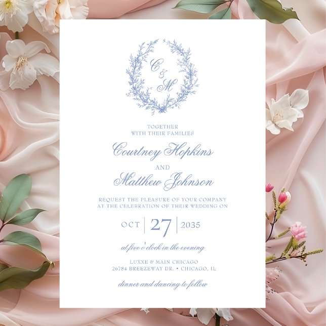 Invitation Dusty Blue Monogram Mariage de couronne botanique (Créateur téléchargé)
