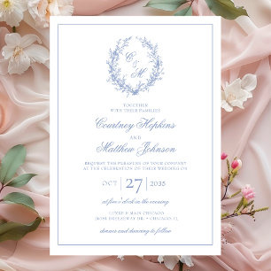 Invitation Dusty Blue Monogram Mariage de couronne botanique