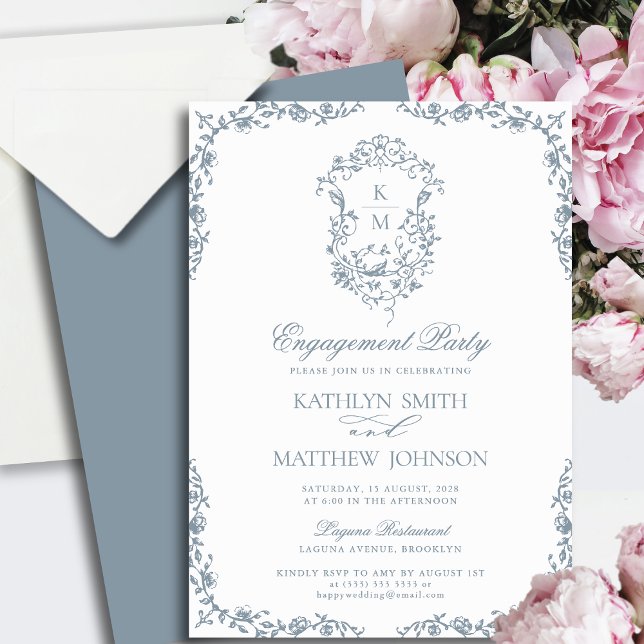 Invitation Dusty Blue Monogram Vintage Crest (Créateur téléchargé)